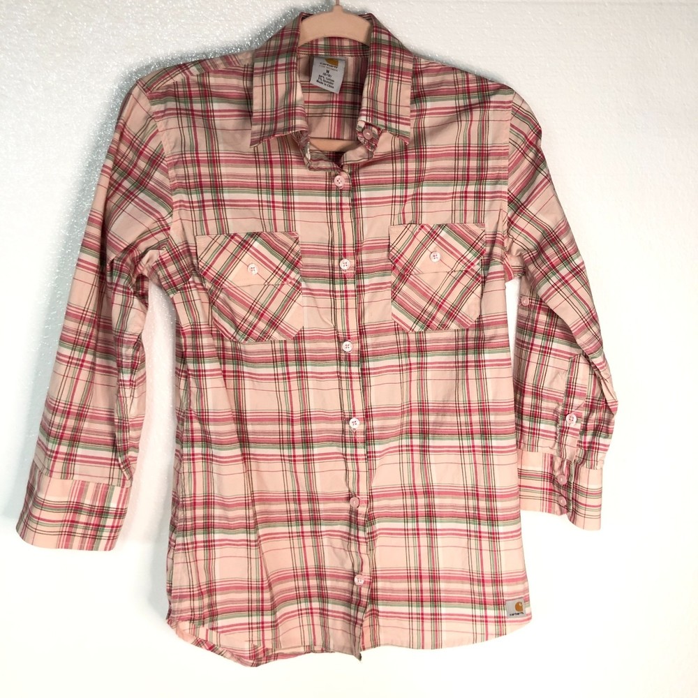 Carhartt For Women Pink Plaid Roll up Sleeve Button Up Shirt Size Medium